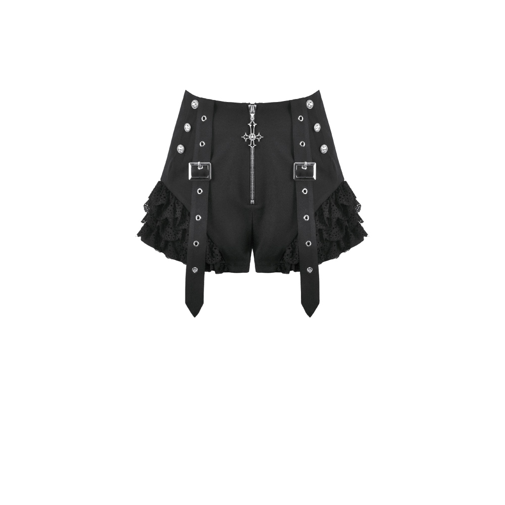 Dark in Love - Night Ban Dark Punk Cross Zipper Metal Buckle Lace Patchwork HighWaisted Shorts - Black
